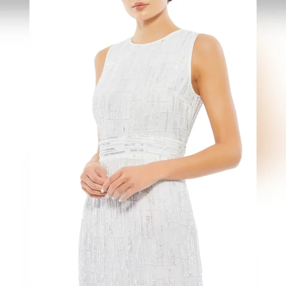 NWT Mac Duggal 93597 White Beaded Sleeveless Midi Sheath Dress -Size 8 - Picture 2 of 12